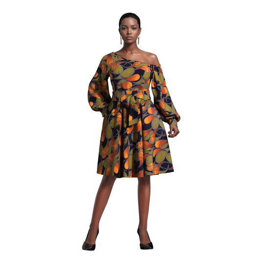 Classic African Wax Print Asymmetrical Dress, Paired with Same-Print Belt
