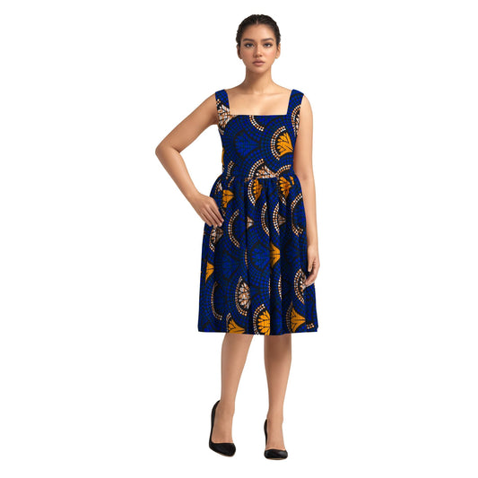 African Print Square Neck Sleeveless A-Line Midi Dress