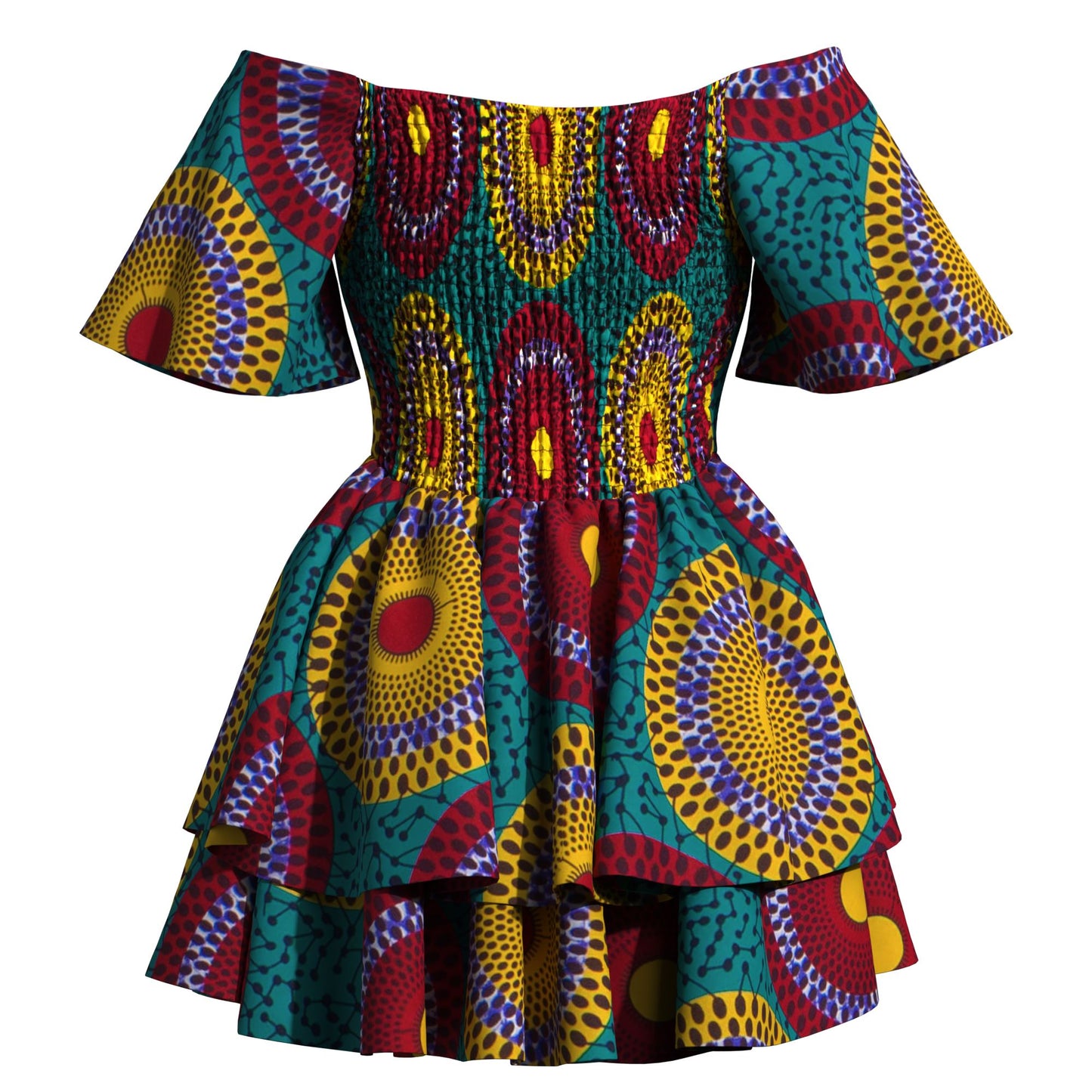 African Print Flowy Off-Shoulder Tiered Mini Dress for Women