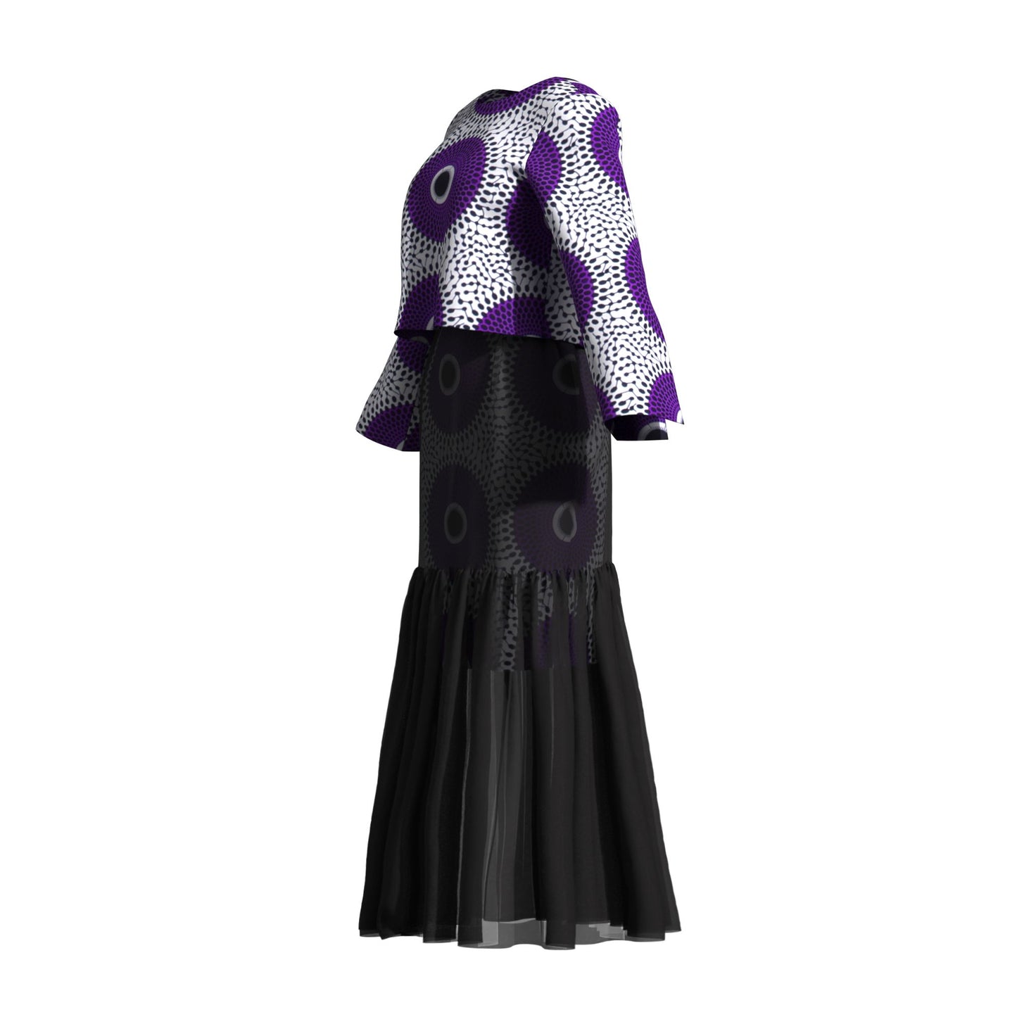 African Print Layered Sheer Mesh Mermaid Maxi Skirt Two Piece Set