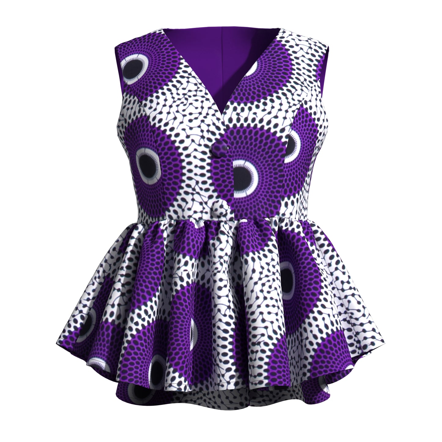Handmade African Wax Print Sleeveless Peplum Blouse with Ruffle Detail
