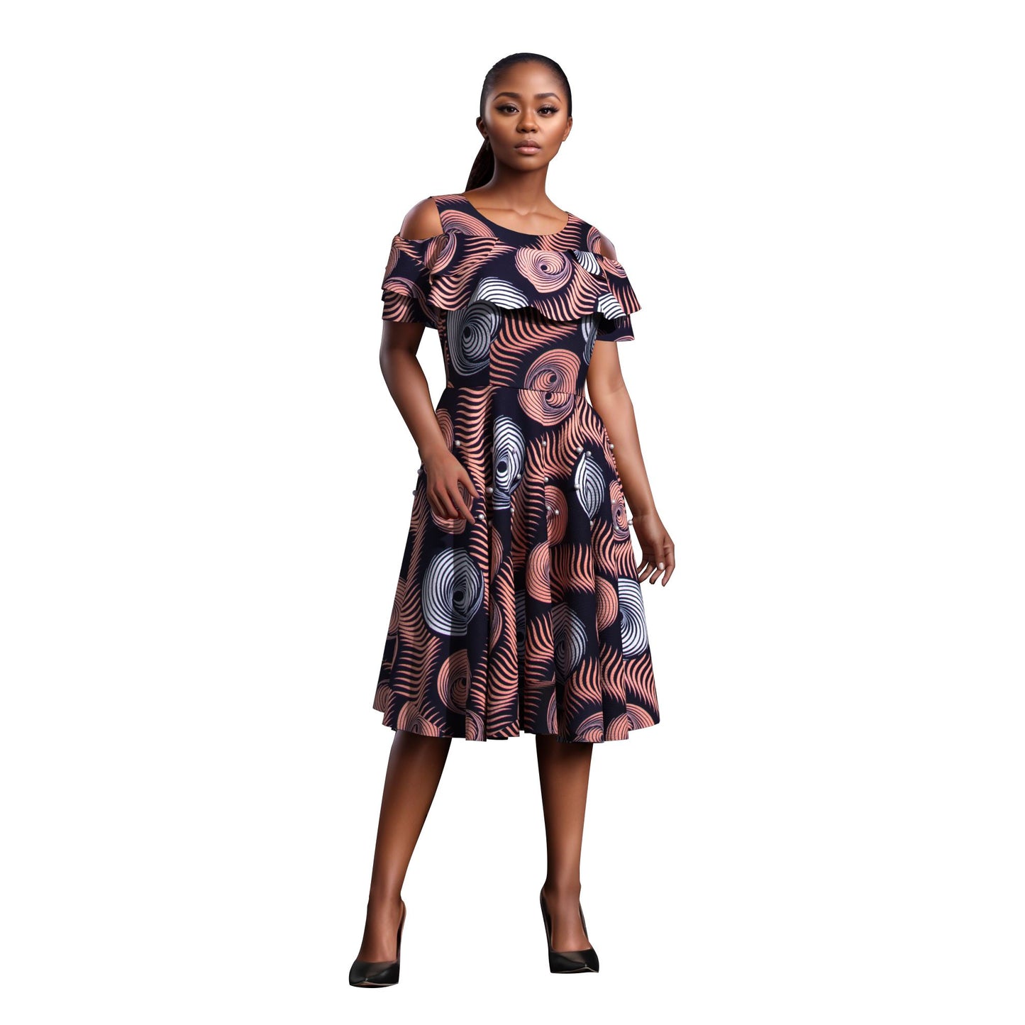 Traditional African Wax Print Cold-Shoulder Fit-and-Flare Dress