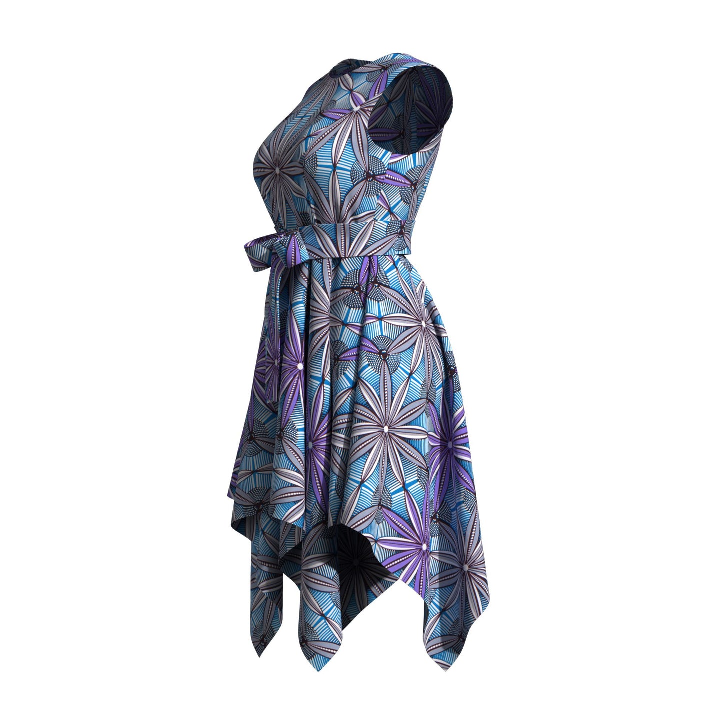 Sleeveless African Print Fit-and-Flare Dress with Asymmetrical Hem