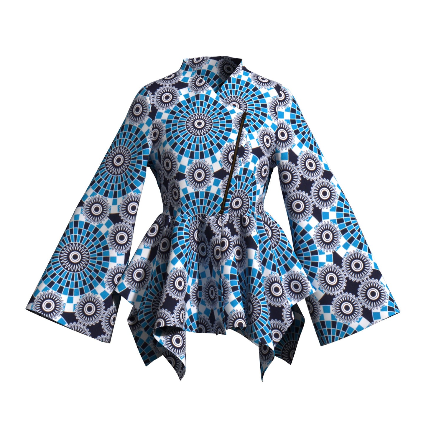 Kente Print Asymmetric Peplum Top with Bell Sleeves