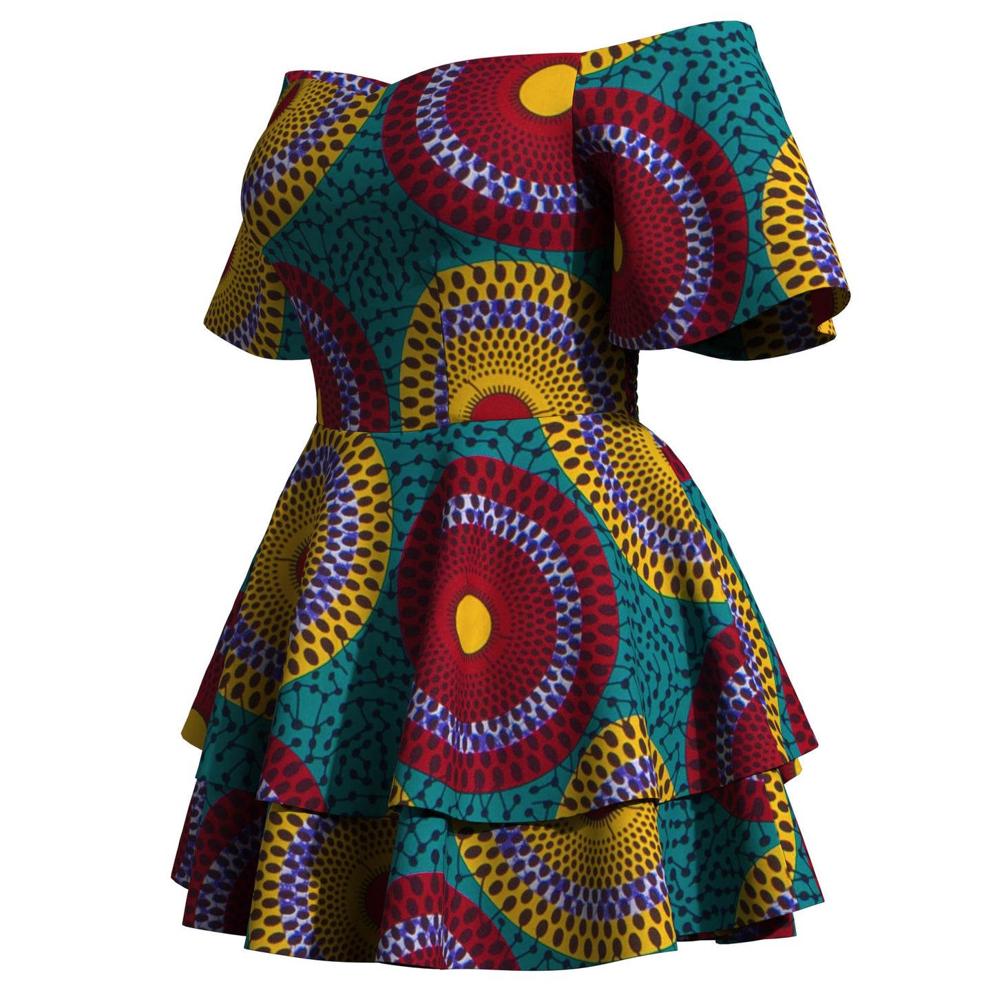 African Print Flowy Off-Shoulder Tiered Mini Dress for Women