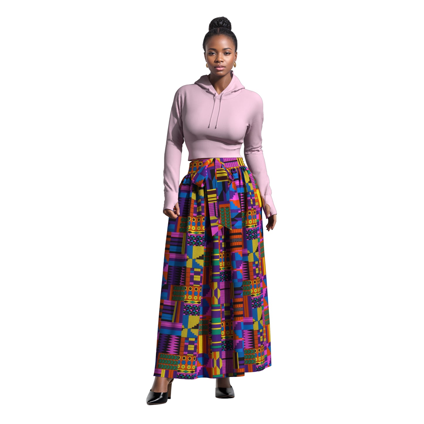 African Print Elastic Waist A-Line Skirt with Matching Belt