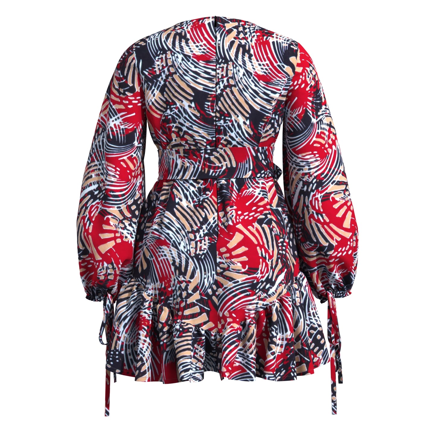Sheer Mesh Neck African Print Belted Mini Dress