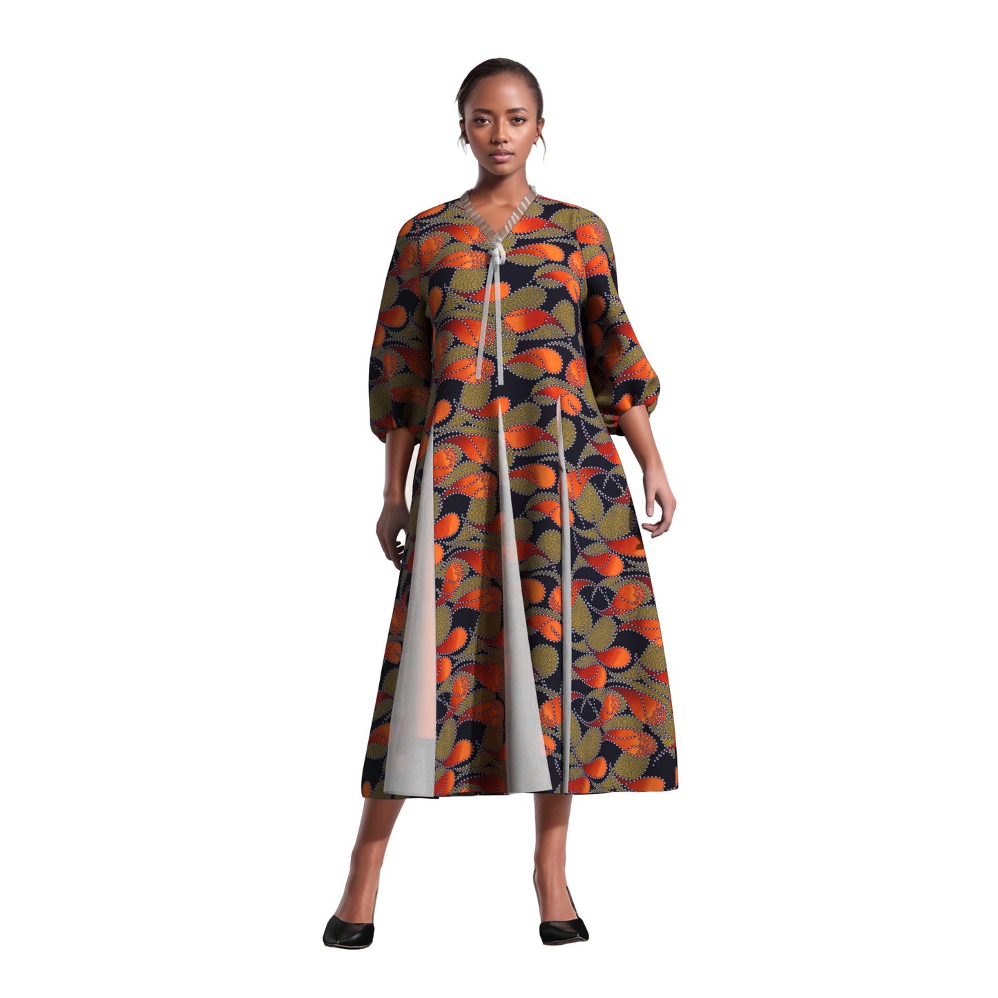 Women Bold Tribal Floral Print V Neck Puff Midi Dress Sheer Panel Split Layer Church Party Outfit