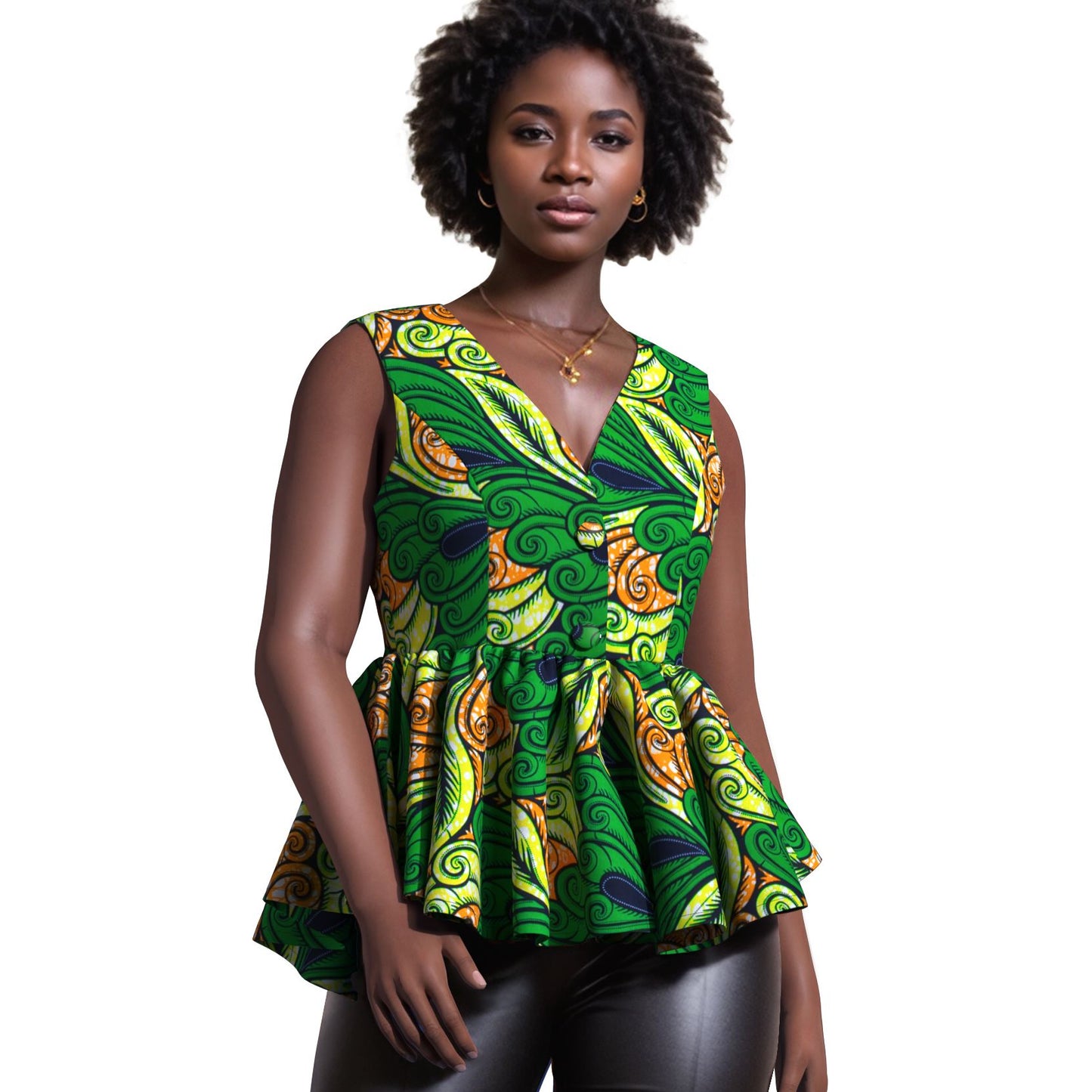 Handmade African Wax Print Sleeveless Peplum Blouse with Ruffle Detail