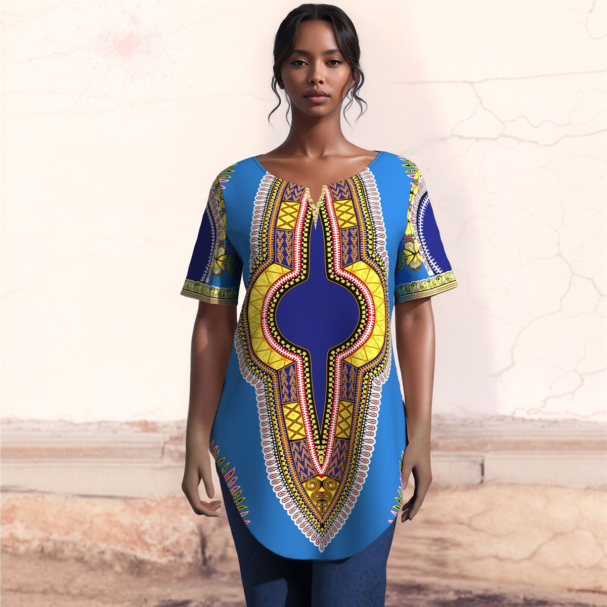 African JAVA Print Dashiki Tunic Top, Women Short Sleeve V‑Neck Curved Hem Loose Blouse WY10632