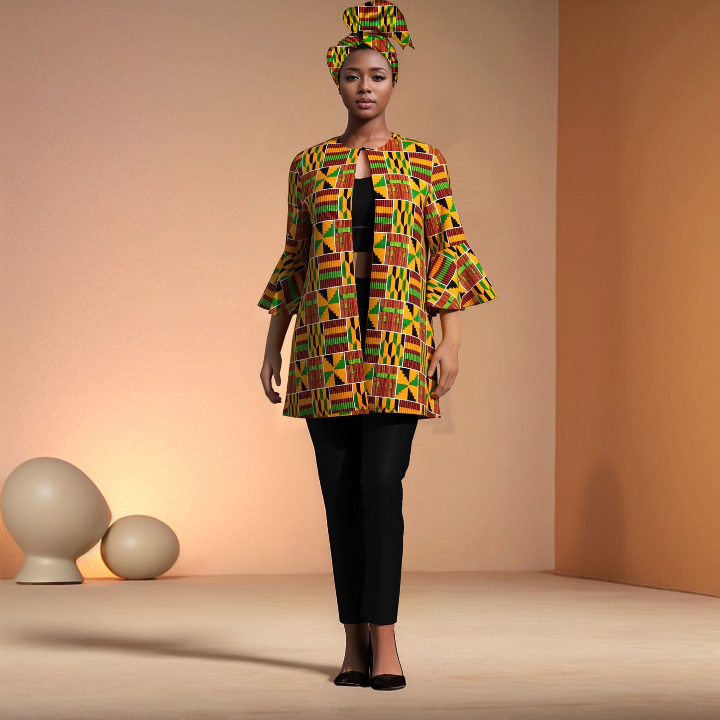 African Print Women's Jacket & Headwrap Set – Vibrant Geometric Pattern