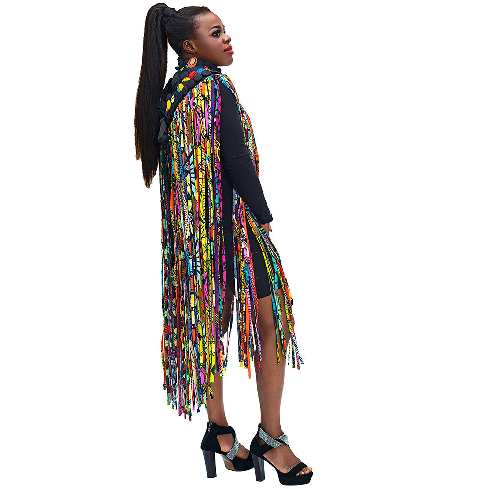 2-in-1 African Wax Print Fringe Tassel Wrap Skirt & Collar