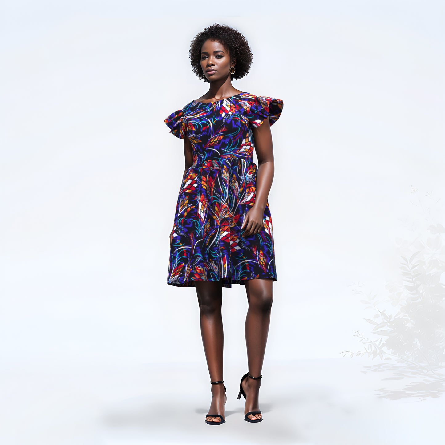 African Print Pleated Sleeve Tie-Back Backless Dress