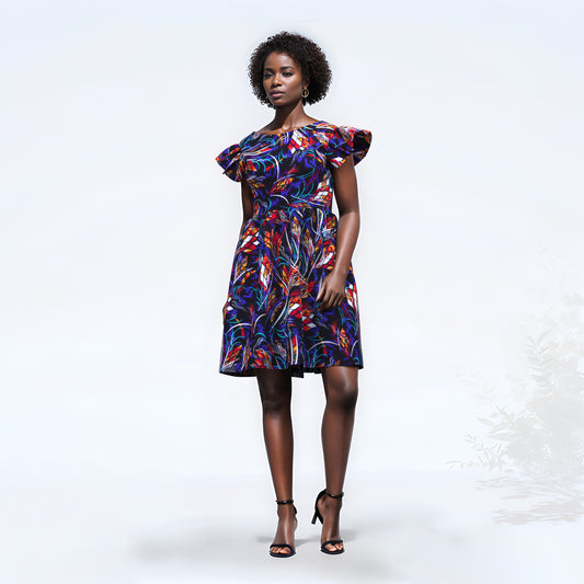 African Print Pleated Sleeve Tie-Back Backless Dress