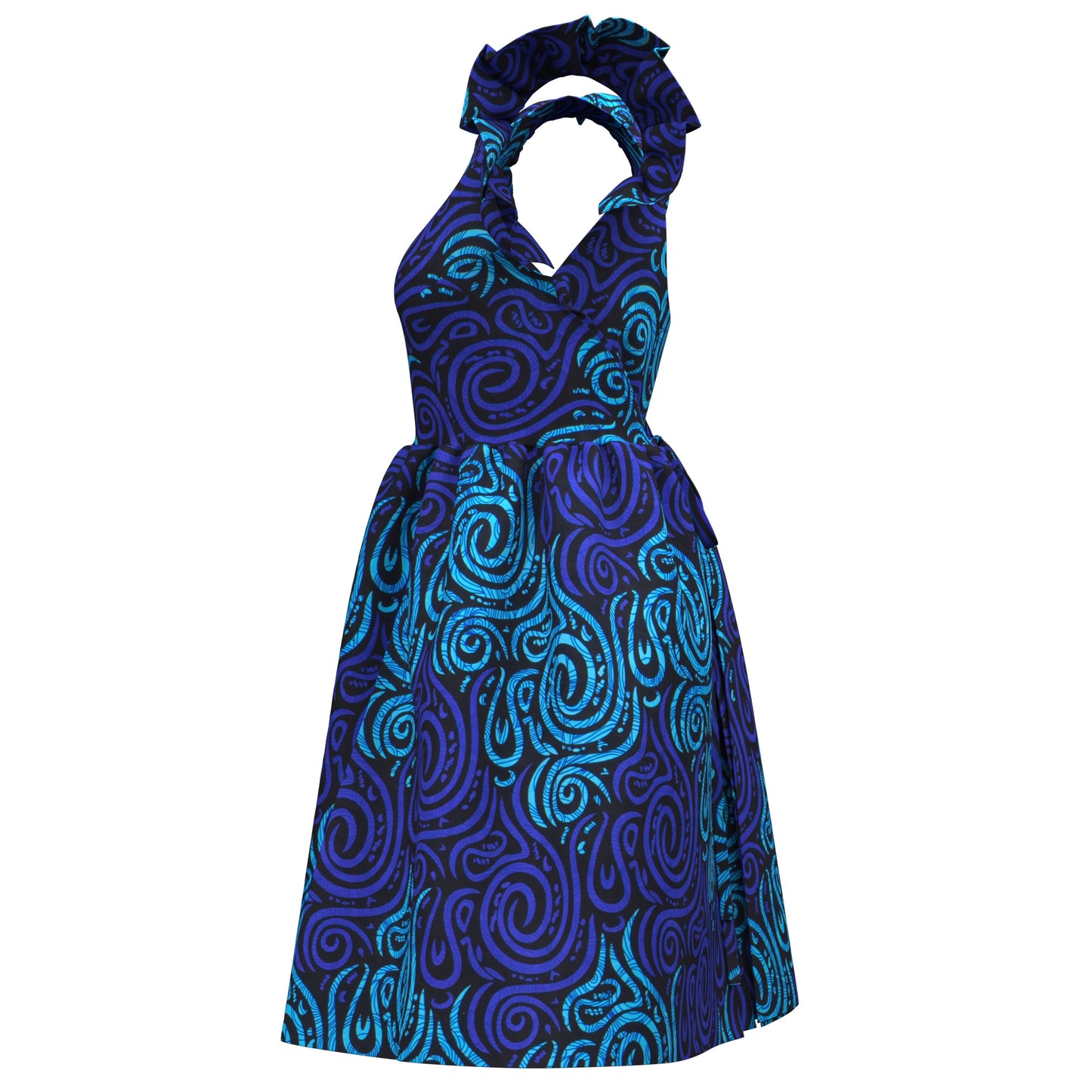 African Print Pleated Sleeve Tie-Back Backless Dress