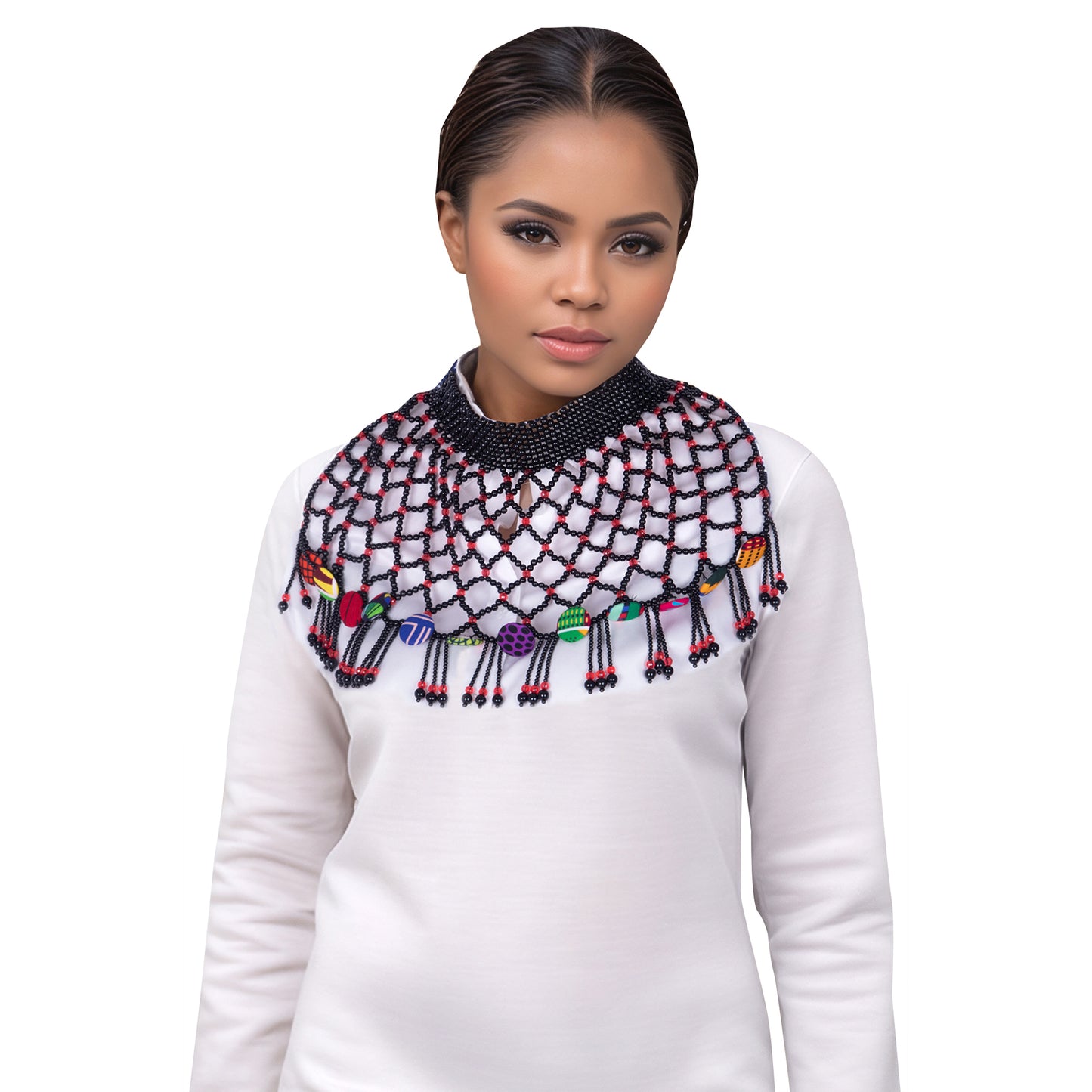 Handmade Mesh Beaded Collar Necklace African Traditional Printed Fabric Cover Buttons Trendy Fashion Accessories