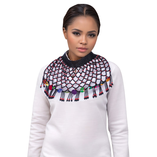 Handmade Mesh Beaded Collar Necklace African Traditional Printed Fabric Cover Buttons Trendy Fashion Accessories