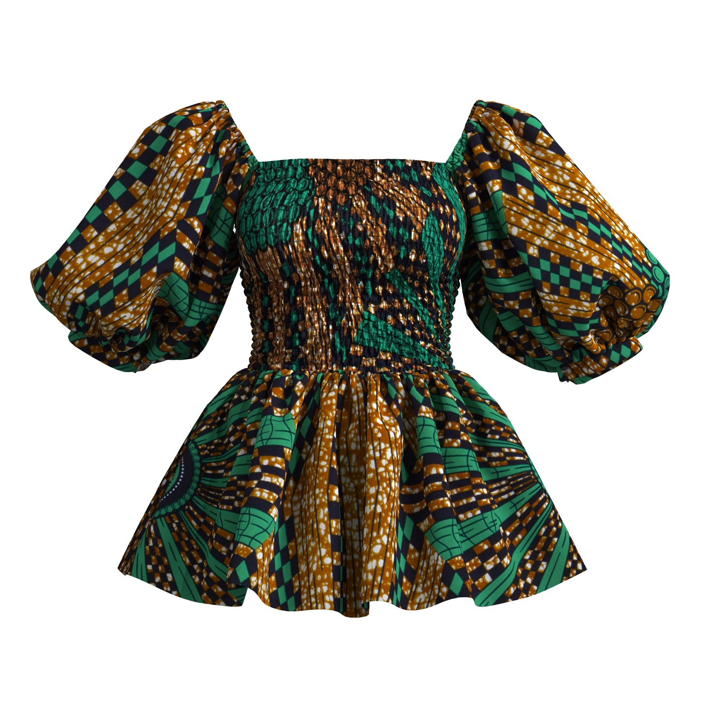 Tropical Wave African Print Puff Sleeve Peplum Blouse – Bold Colorful Ankara Top