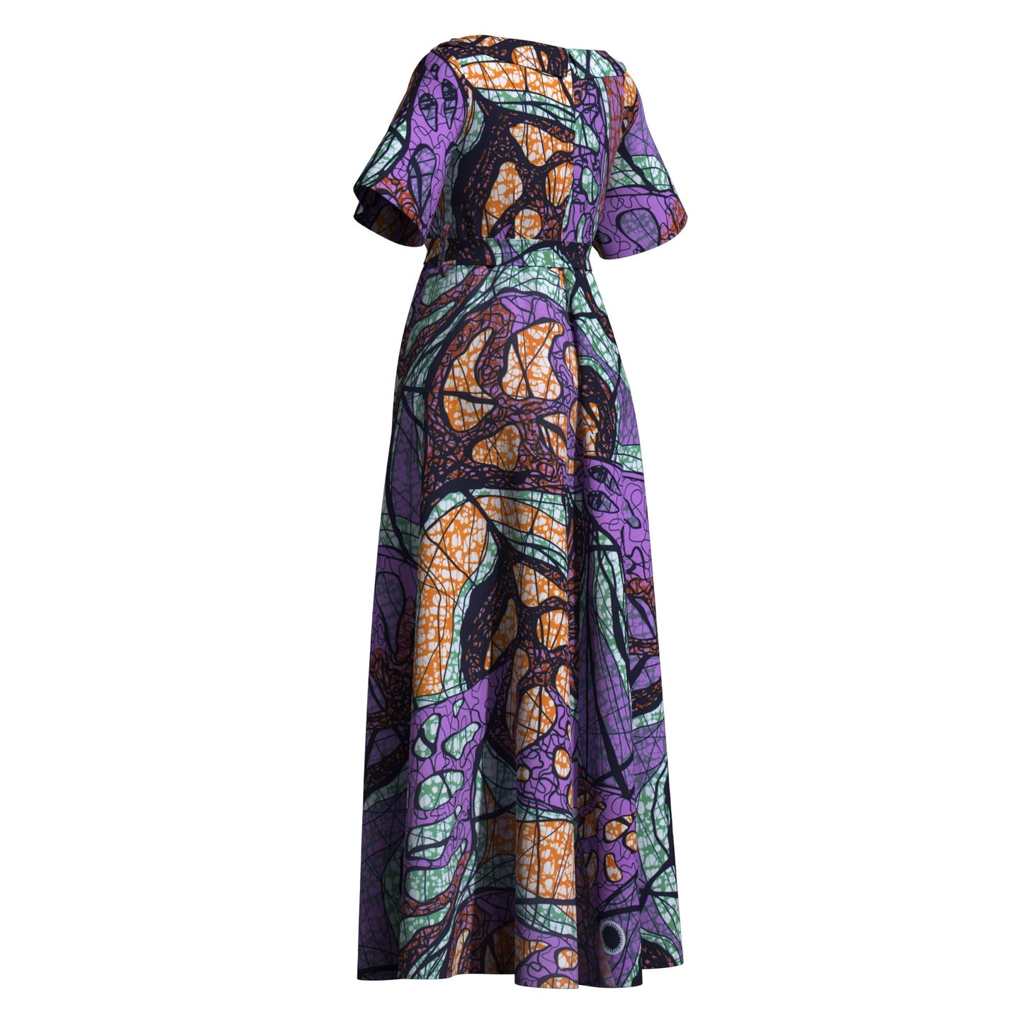 nkara Print Asymmetric Collar Short Sleeve Waist Tie Long Dress