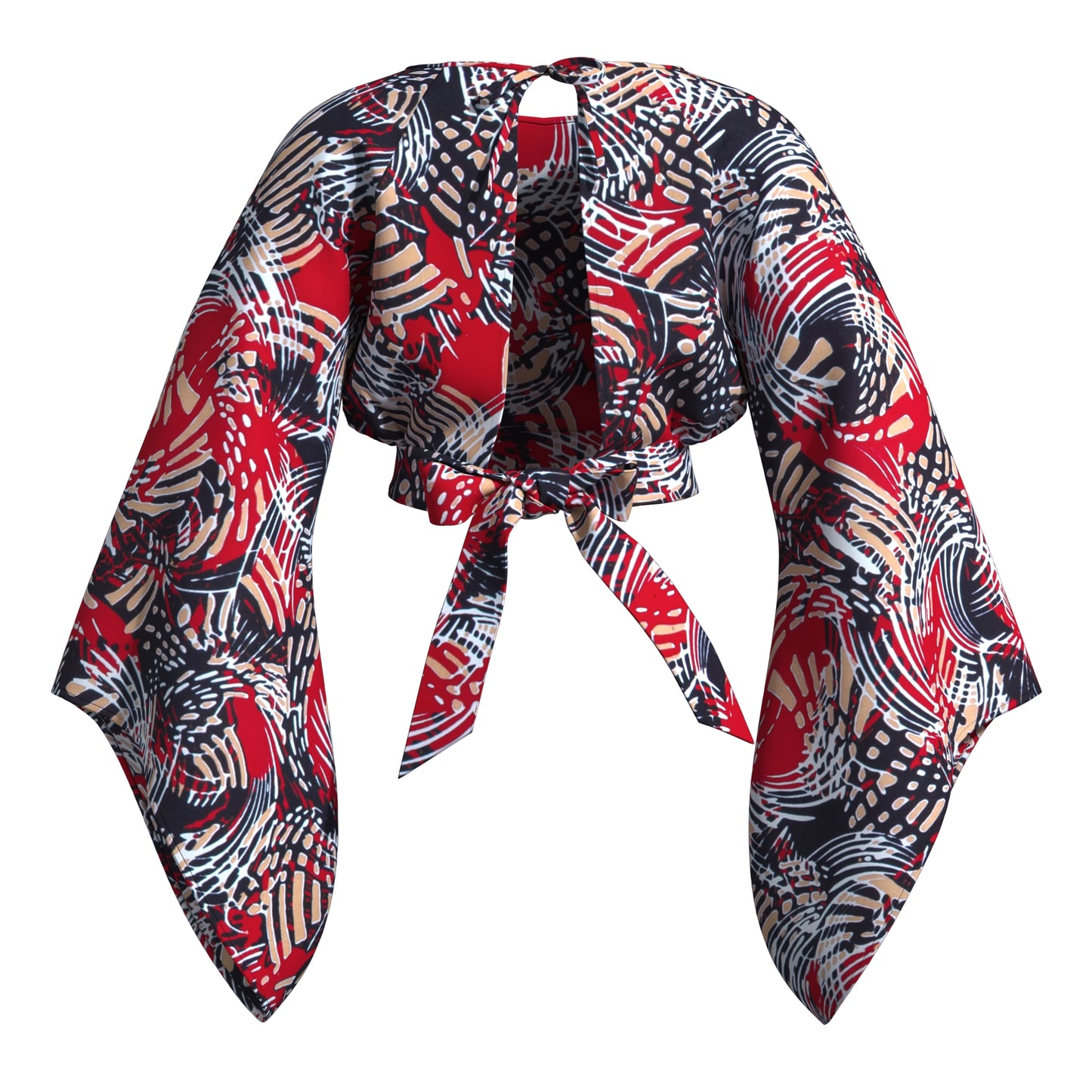 rinted Open Back Crop Top with Tie Waist & Extra Wide Bell Sleeve