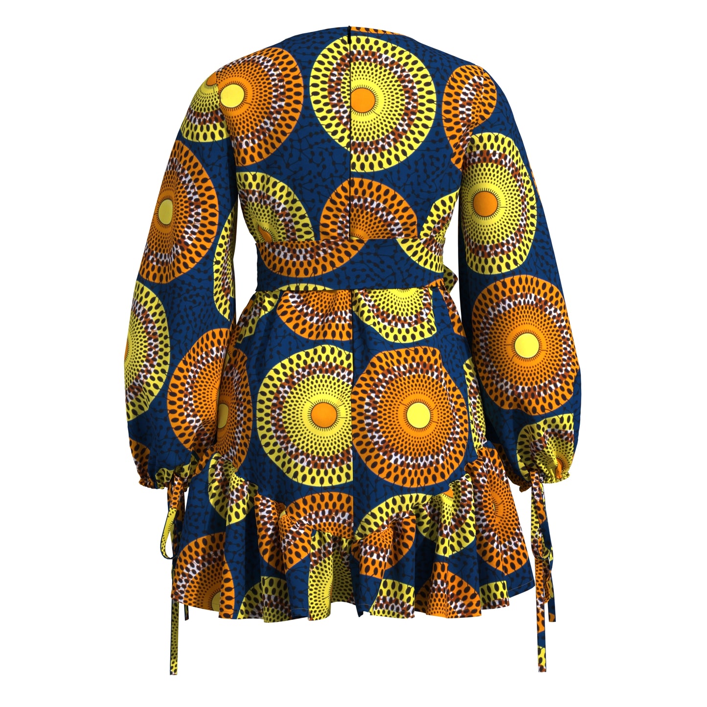 Sheer Mesh Neck African Print Belted Mini Dress