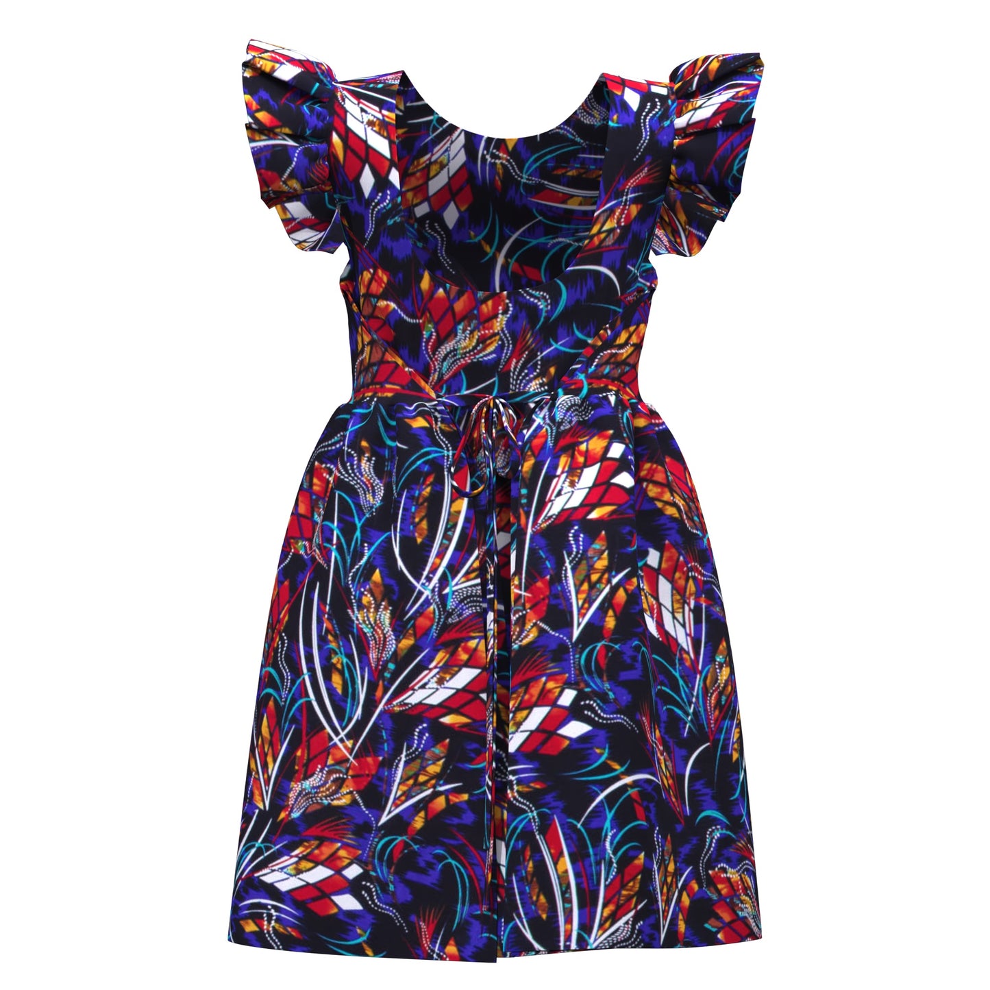 African Print Pleated Sleeve Tie-Back Backless Dress