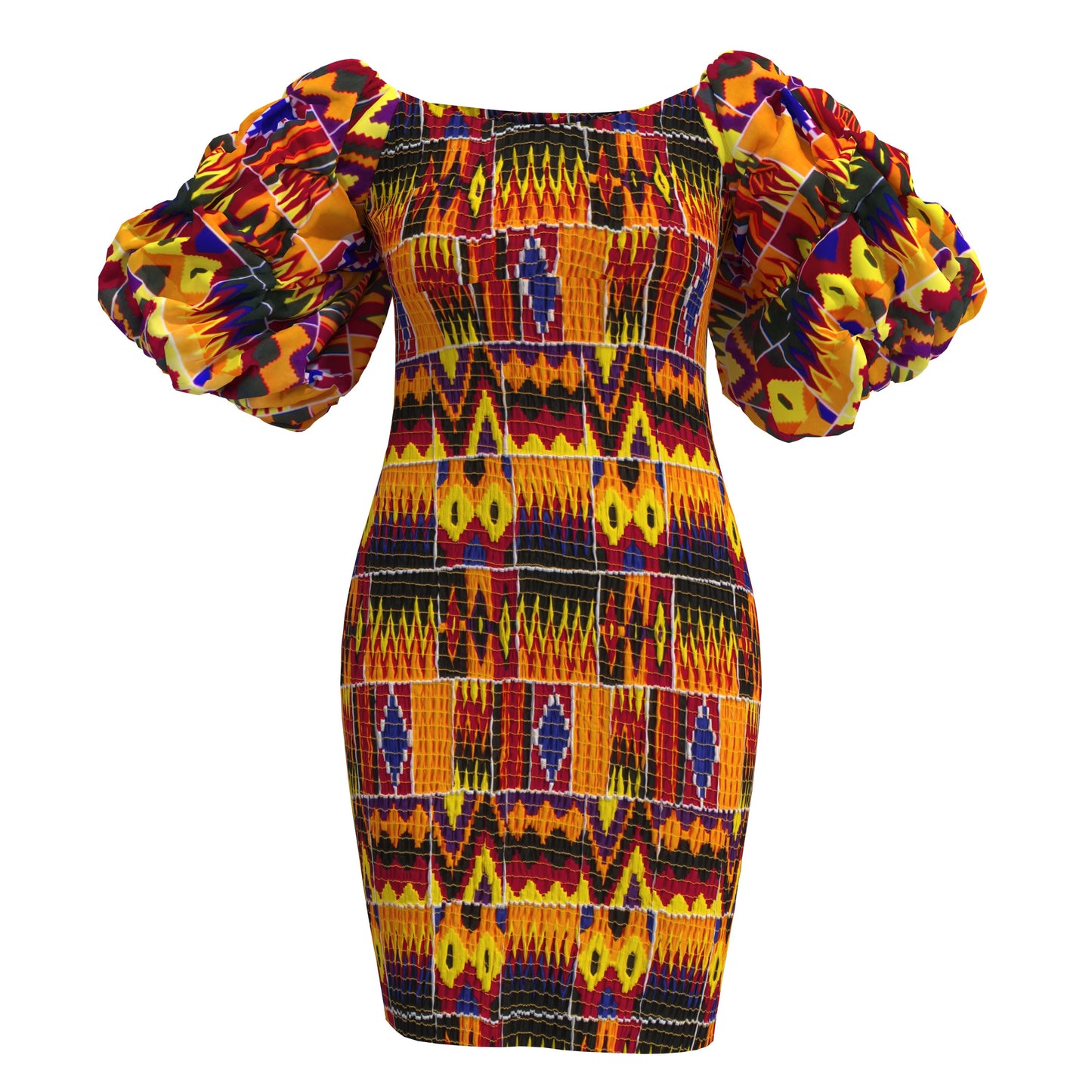 African Print Smocked Bodycon Dress with Puff Sleeves – Ankara Mini Dress