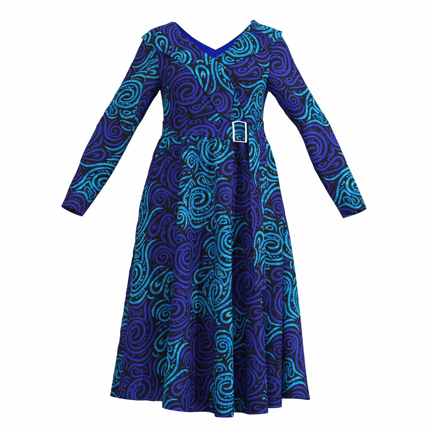 V-Neck Long Sleeve African Print Midi Dress with Tie Waist Belt