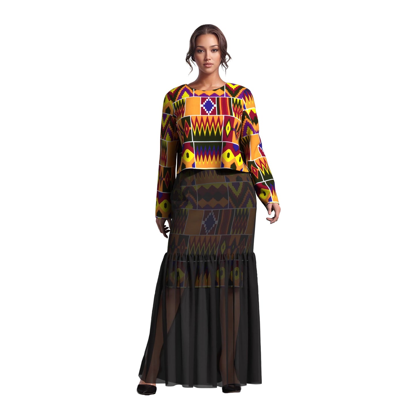 African Print Layered Sheer Mesh Mermaid Maxi Skirt Two Piece Set