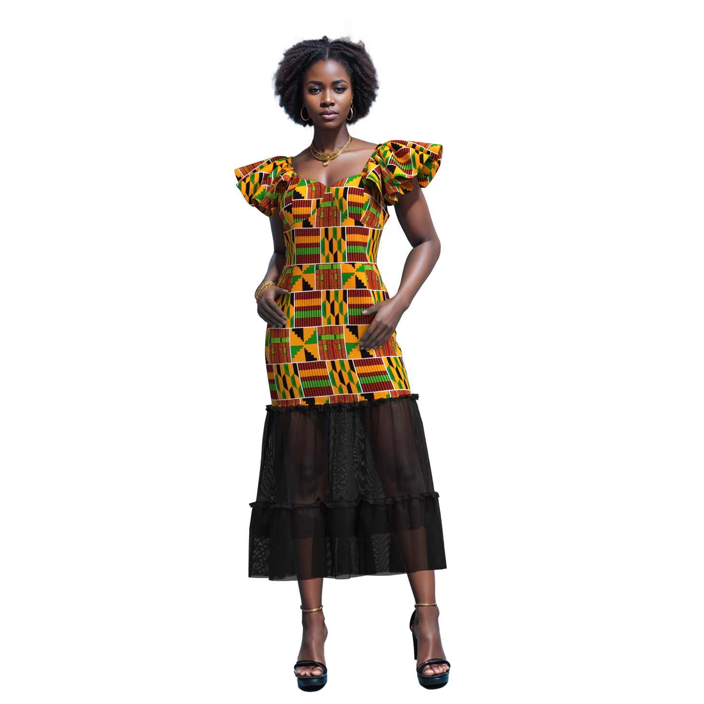 African Ankara Print Ruffle Sleeve Mermaid Dress with Sheer Mesh Hem