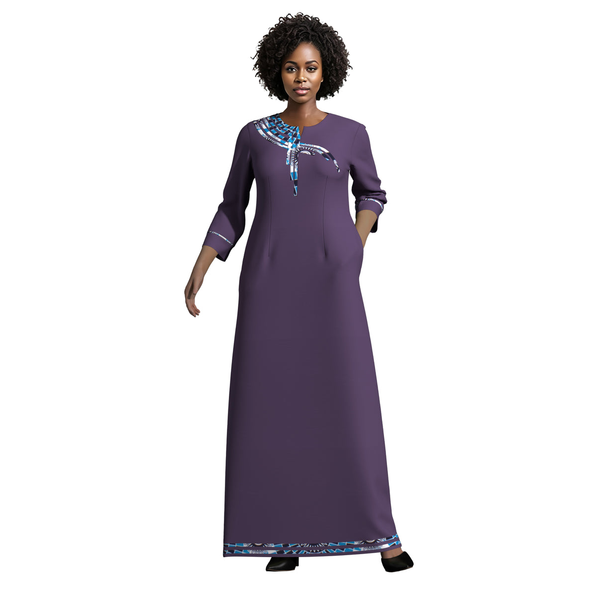 Elegant Solid Maxi Dress for Black Women, Ankara Print Splicing on Chest & Cuffs WY10572