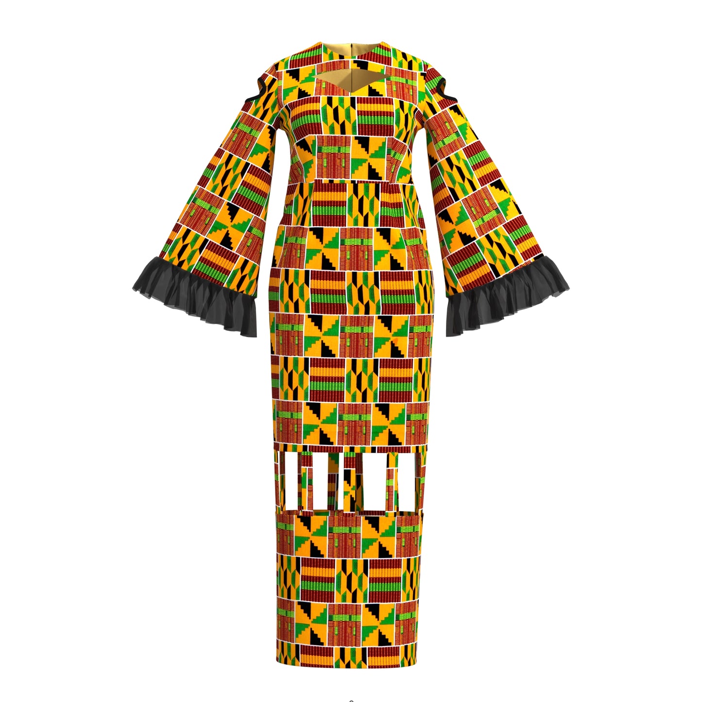 African Ankara Print Cutout Maxi Dress with Sheer Ruffle Cuffs