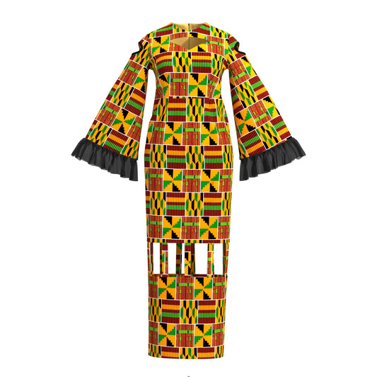 African Ankara Print Cutout Maxi Dress with Sheer Ruffle Cuffs