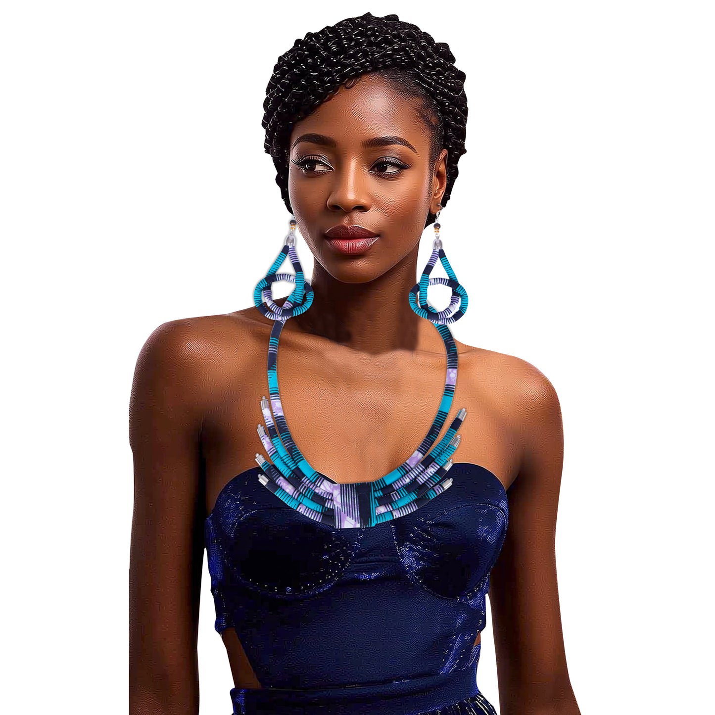 African Stripe Printed Fabric Necklace & Teardrop Earring Matching Jewelry Set Statement Fashion Accessories