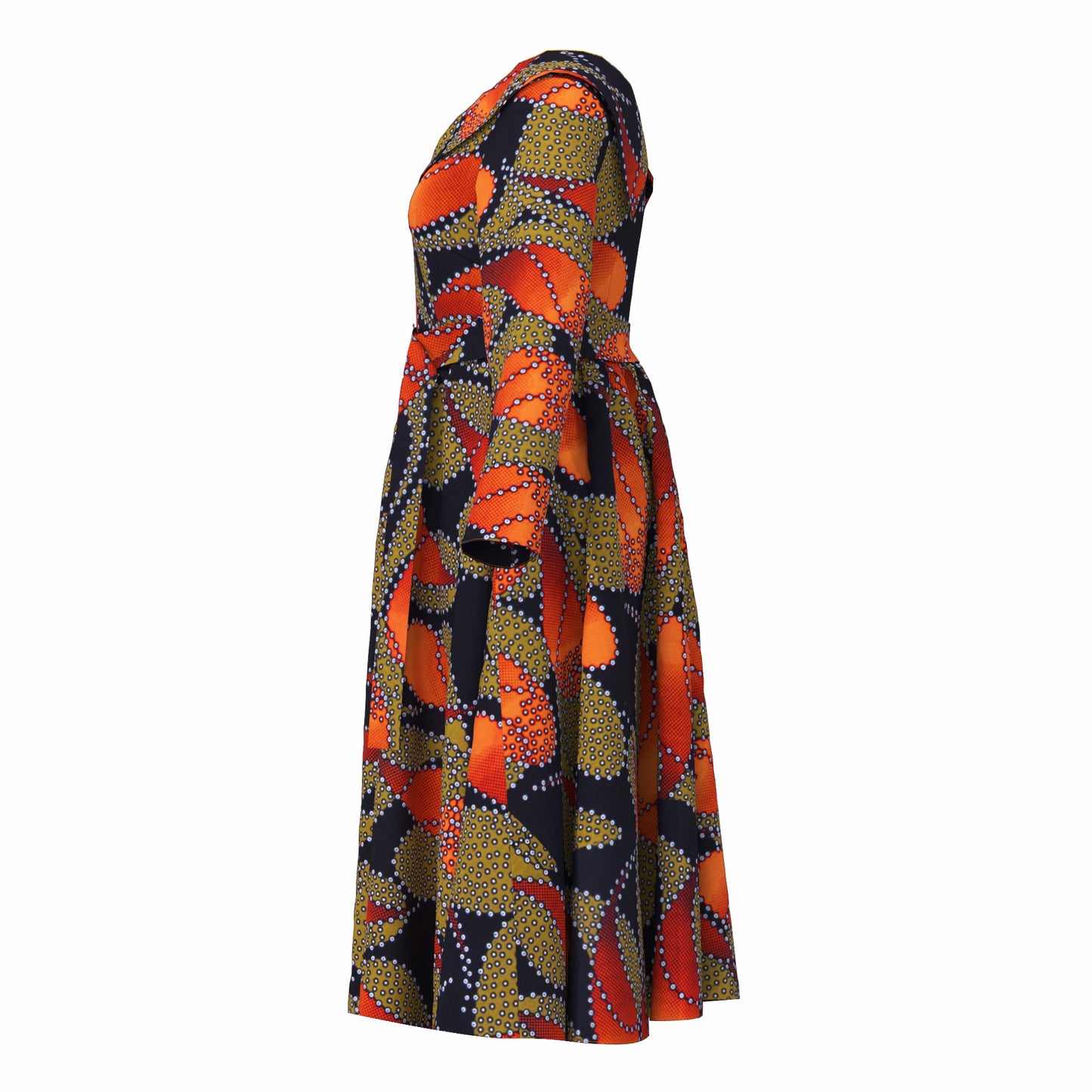V-Neck Long Sleeve African Print Midi Dress with Tie Waist Belt