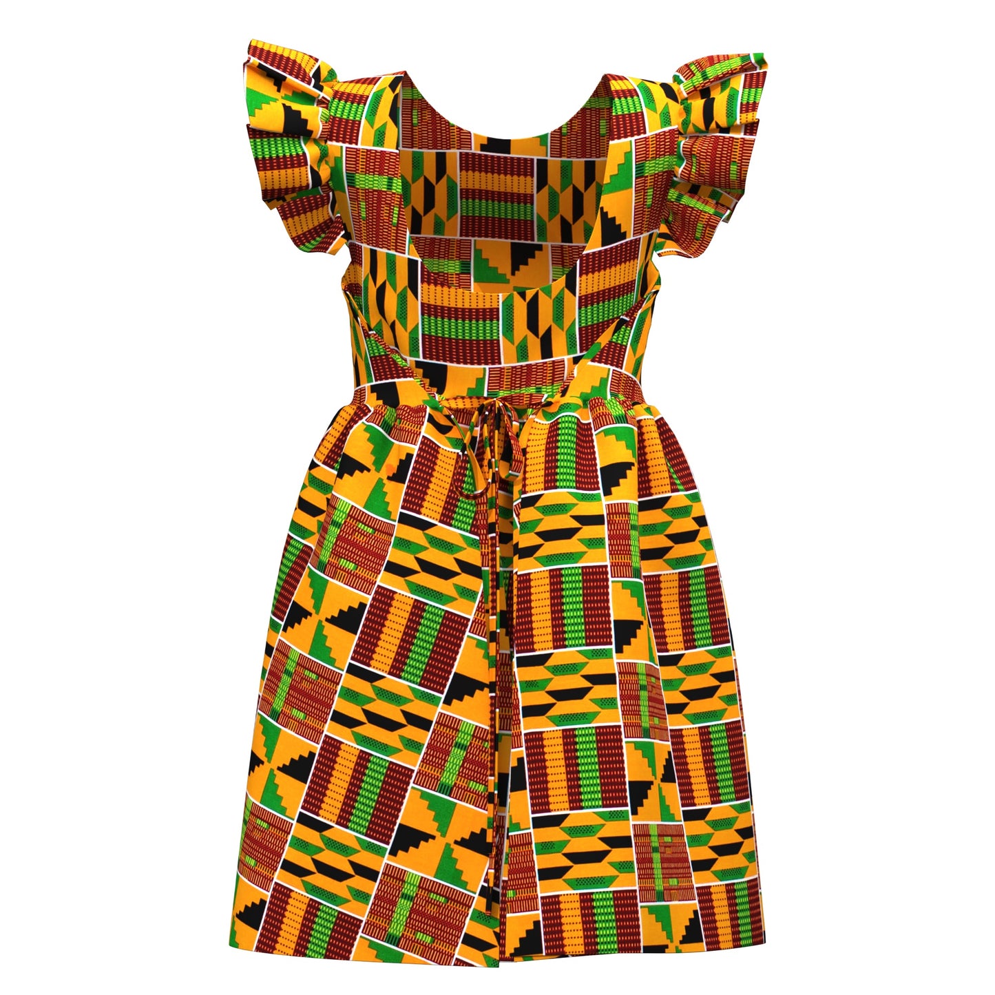 African Print Pleated Sleeve Tie-Back Backless Dress