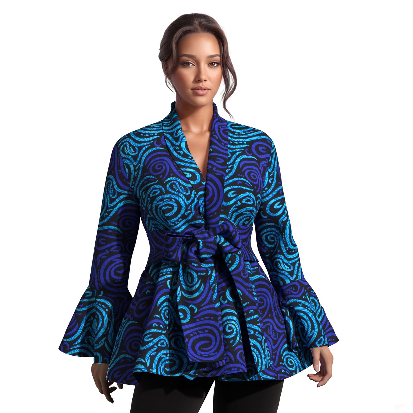 Ladies Vibrant Ethnic Geometric Print Stand Collar Bell Sleeve Peplum Top With Coordinating Waist Tie