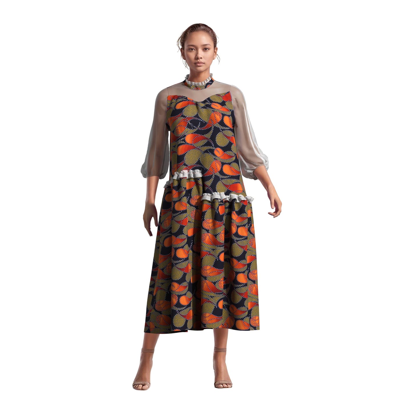 African Fabric Sheer Mesh Ruffle Collar Tiered Swing Midi Dress