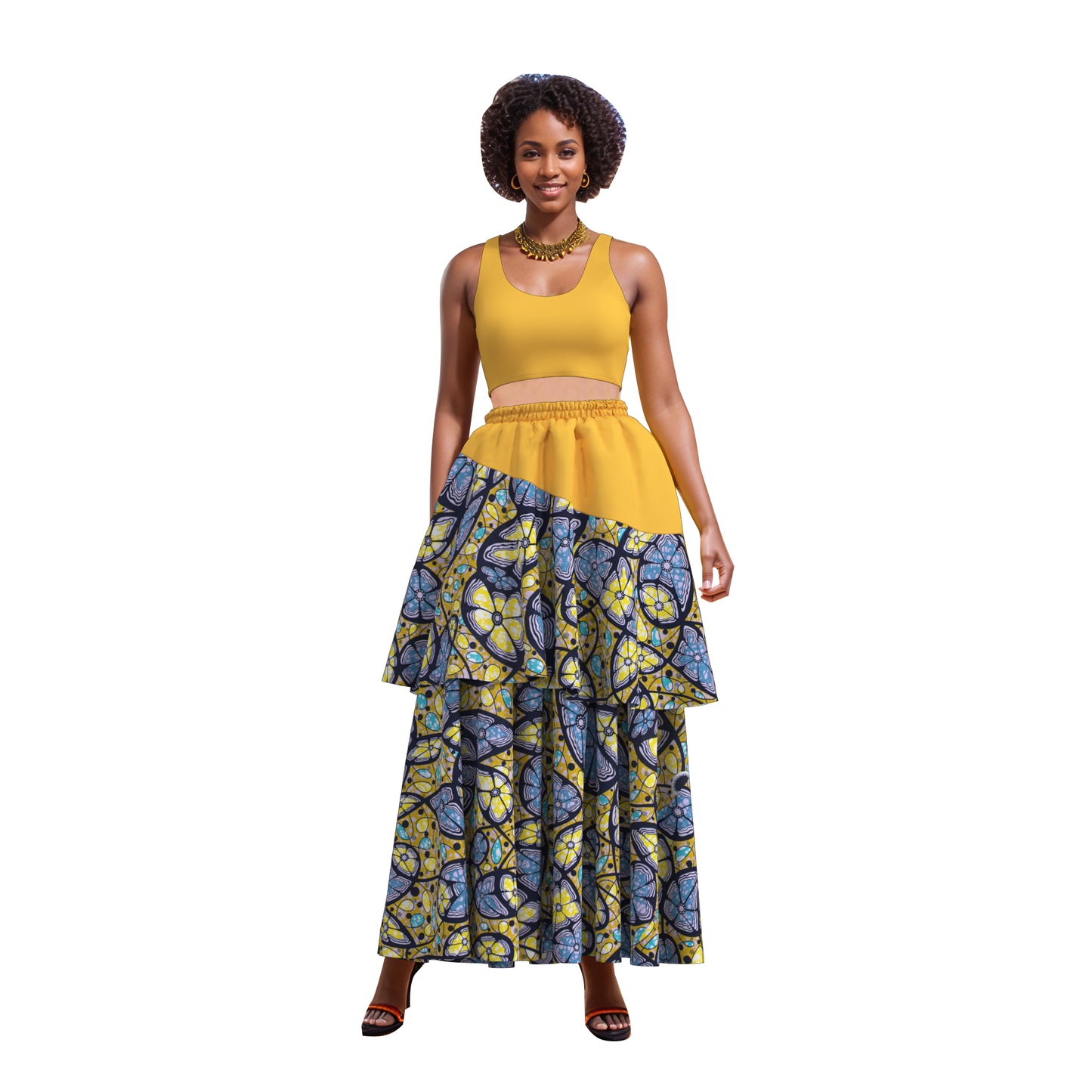 African Print Color Block Tiered Maxi Skirt