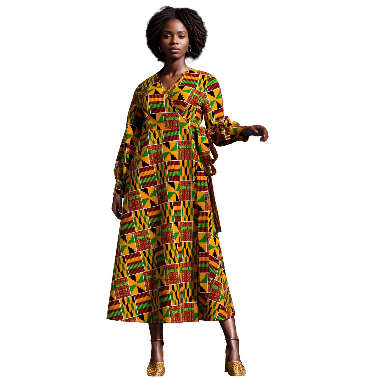 African Print Wrap Maxi Dress with Waist Tie