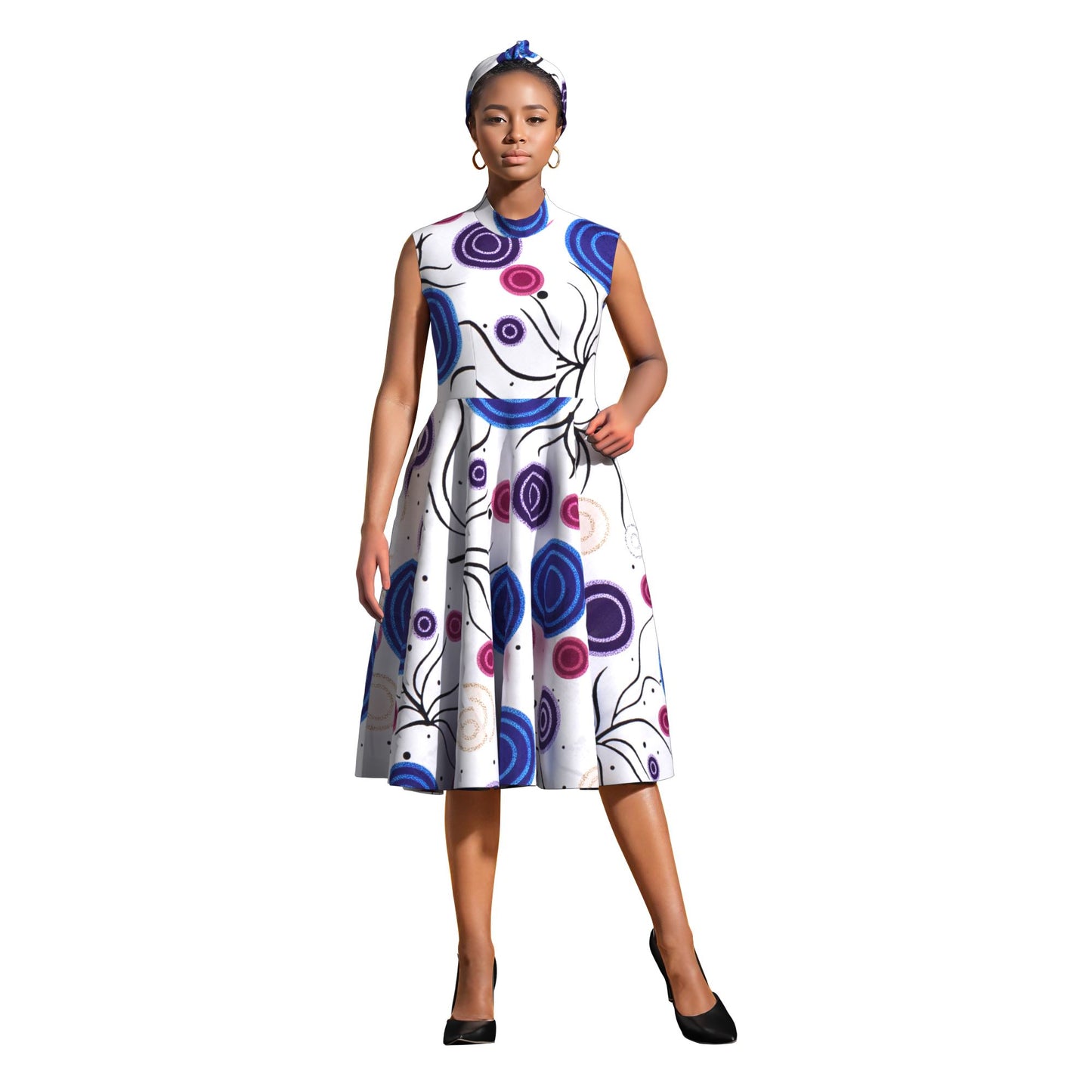 Ankara Print High Neck Sleeveless Midi Dress with Headband