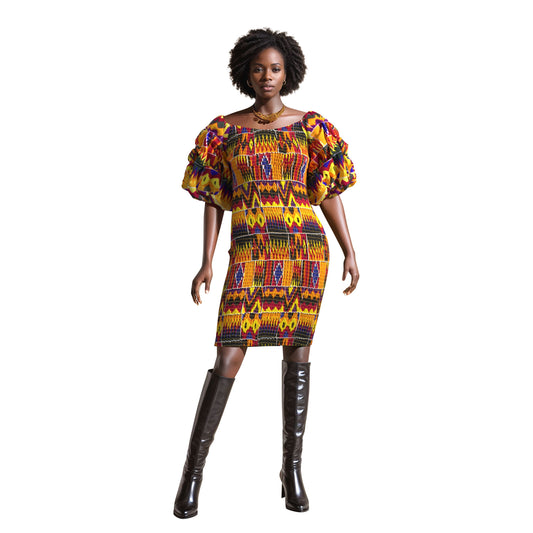 African Print Smocked Bodycon Dress with Puff Sleeves – Ankara Mini Dress