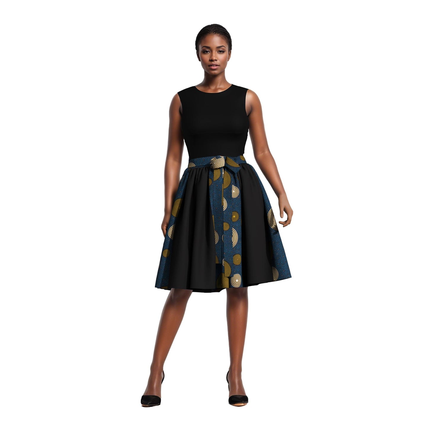 Versatile African Print Color Block Flared Skirt