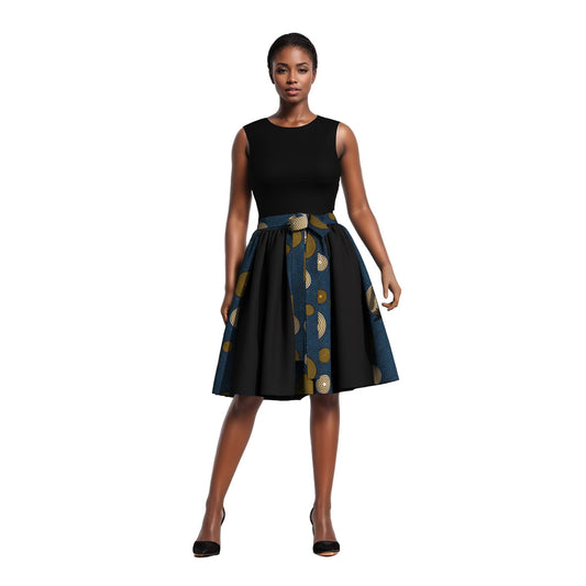 Versatile African Print Color Block Flared Skirt