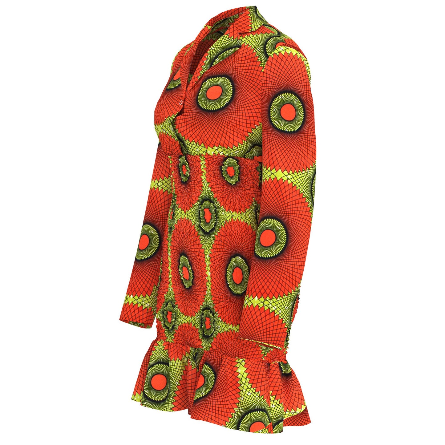 African Print Long Sleeve Shirt Collar Smocked Waist Dress