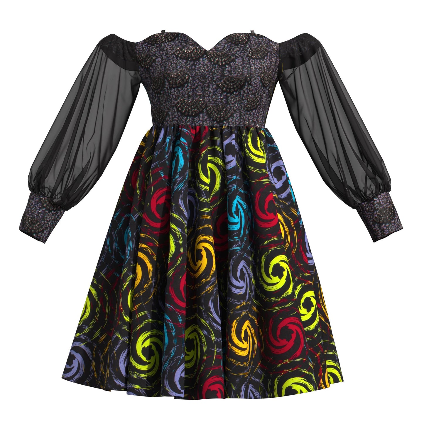 African Print Sequin Off Shoulder Mesh Sleeve A-Line Dress