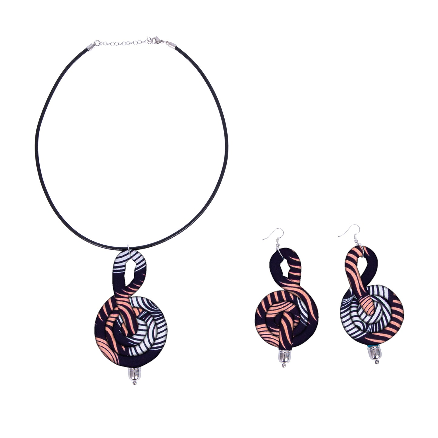 Ladies Kente Geometric Fabric Treble Clef Jewelry Set African Coordinated Neck & Ear Outfit Accessories