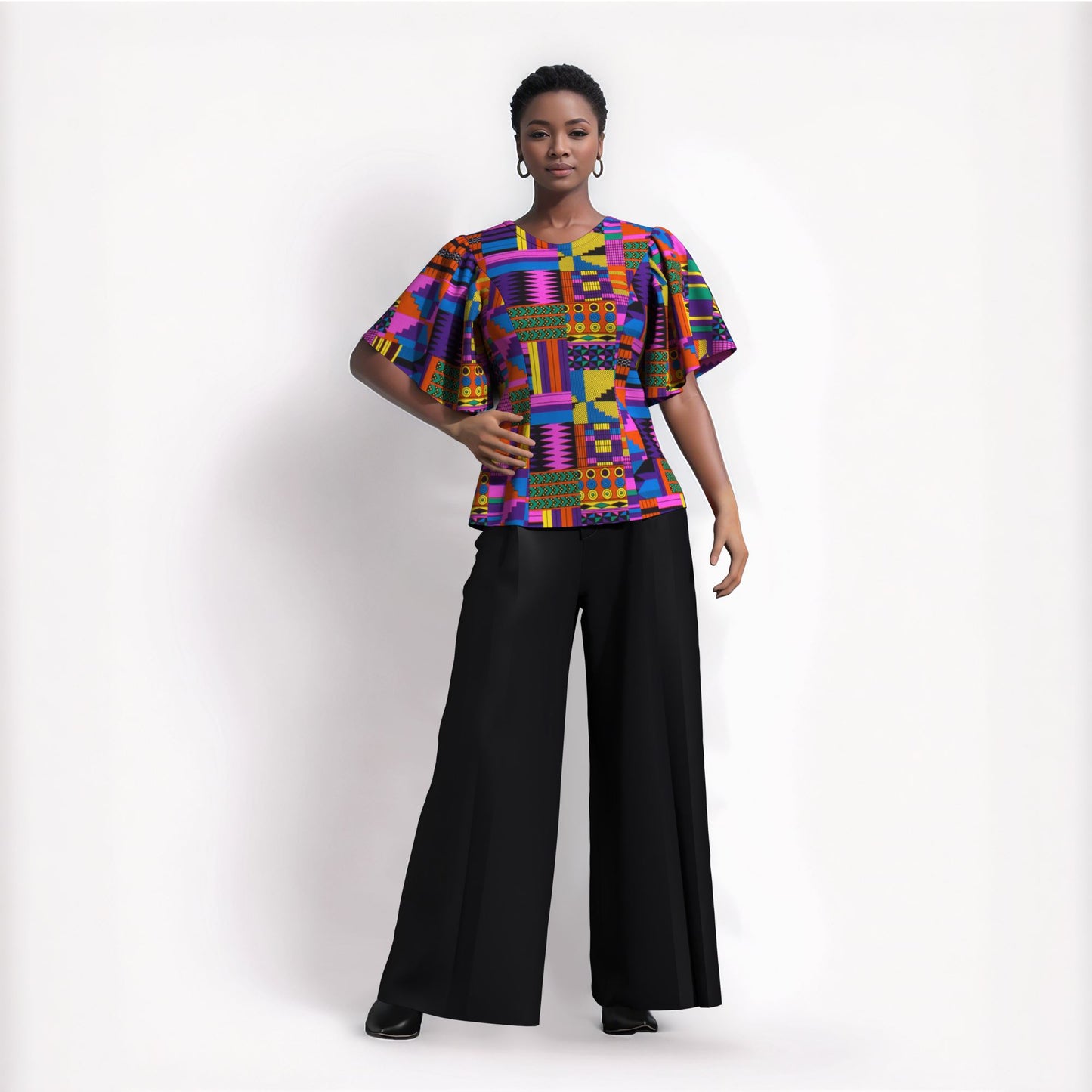 African Print Fitted Waist Flounce Sleeve Top