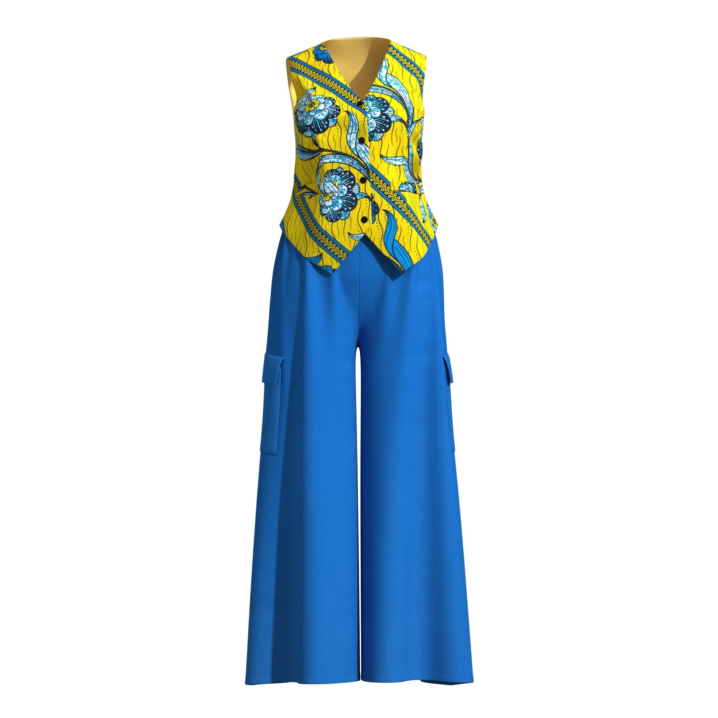 Ankara Print V-Neck Vest and Cargo Pocket Wide Leg Pants Set
