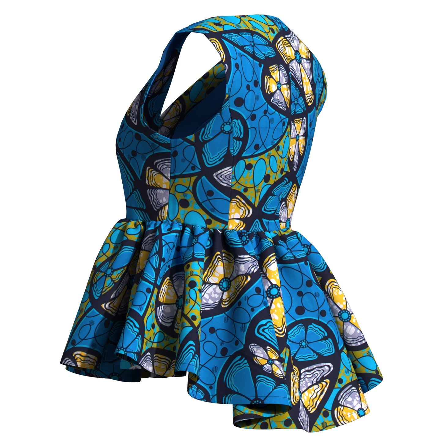 Handmade African Wax Print Sleeveless Peplum Blouse with Ruffle Detail